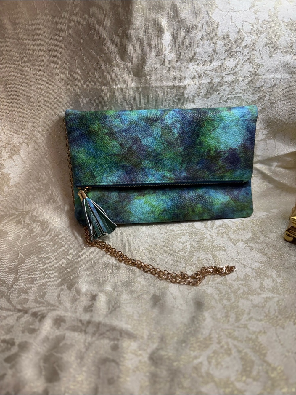 Urban Expressions Tie-Dye Blue-Green Foldover Clutch w/ Tassel & Shoulder Chain